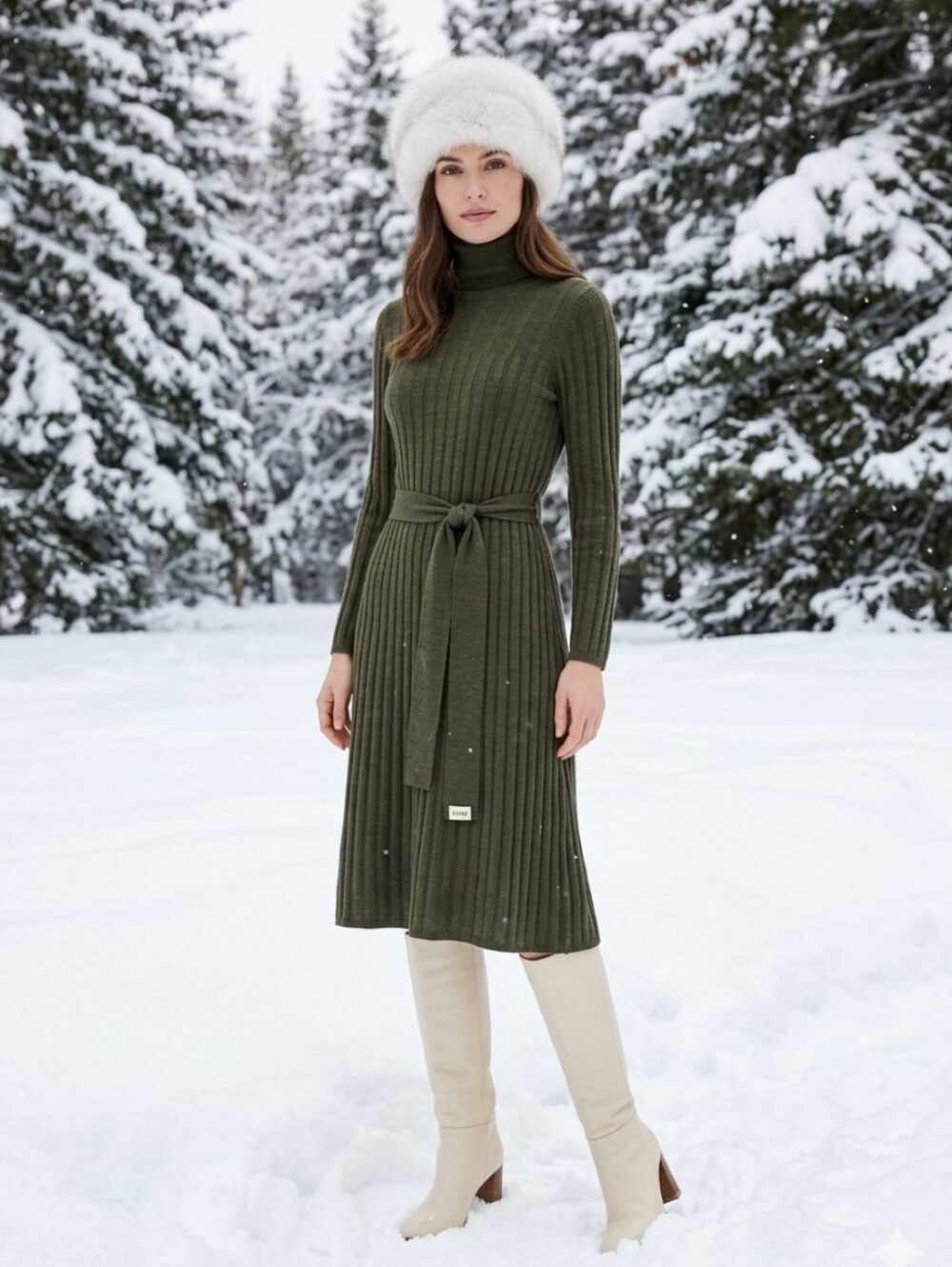 LENE SAND COPENHAGEN Ribbed Turtleneck Midi Dress Olive Green Merino Wool XS